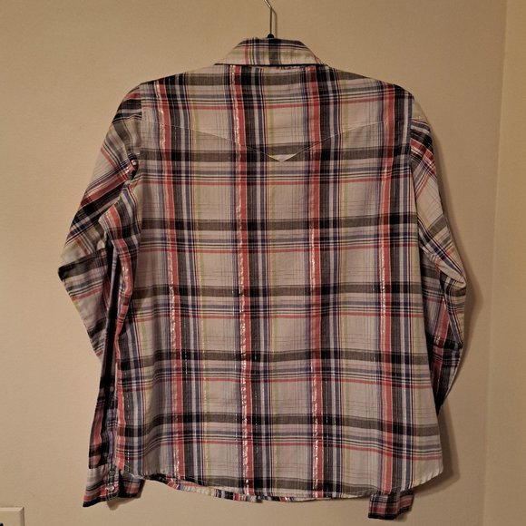 Wrangler Women's Plaid Pearl Snap Front Long Sleeve Top Sz Large or Med Fit - Picture 6 of 9